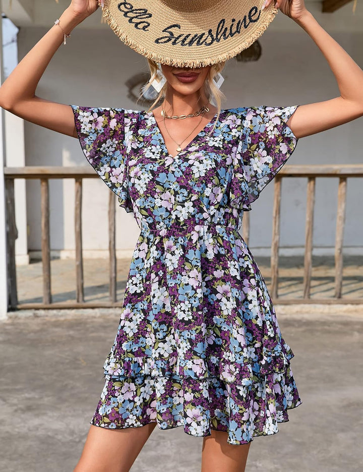 KOJOOIN Damen Sommerkleider Kurzarm Elegant V-Ausschnitt Boho Kleid Chiffon Blumenkleid Mini Kleid R