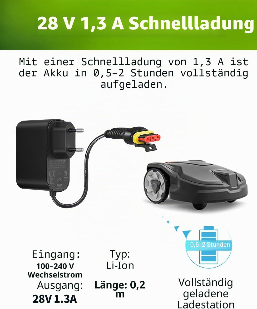 Lonnky 28V 1,3A Netzadapter für Husqvarna Automower 105, 115H,305， 310, 315, 315X, 320, 330X, 405X,