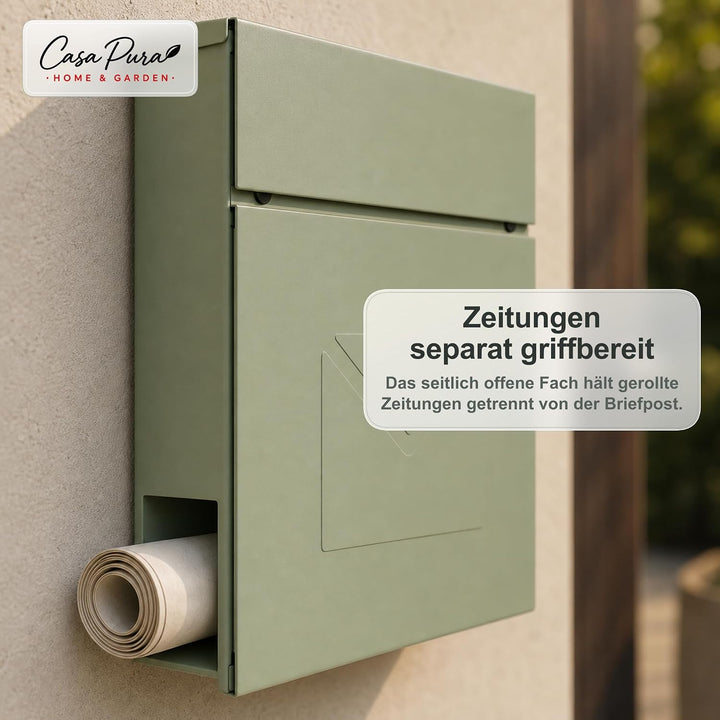 casa pura Briefkasten Laurent aus verzinktem Stahl – abschliessbarer Wandbriefkasten mit Zeitungsfac