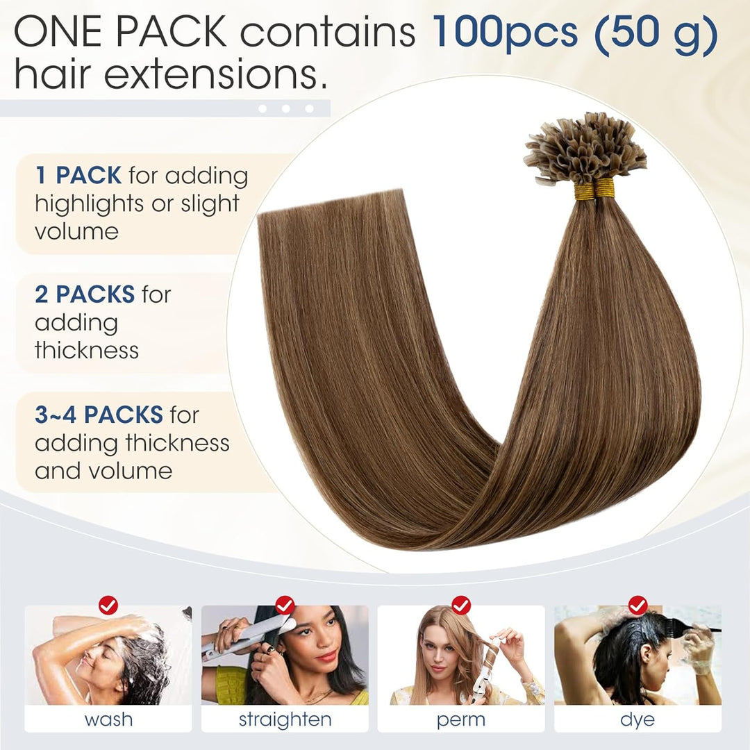 Elailite U-Tip Echthaar Bonding Extensions Keratin Haarverlängerung Haar Glatt 20''(50 cm) #4P27 Mit