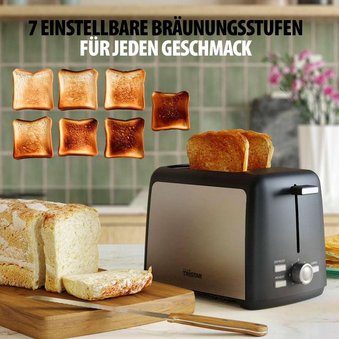 Tristar Edelstahlstahl-Toaster, 2 Scheiben Kapazität, 800W, 7 Bräunungsstufen, Auftauen- und Aufwärm