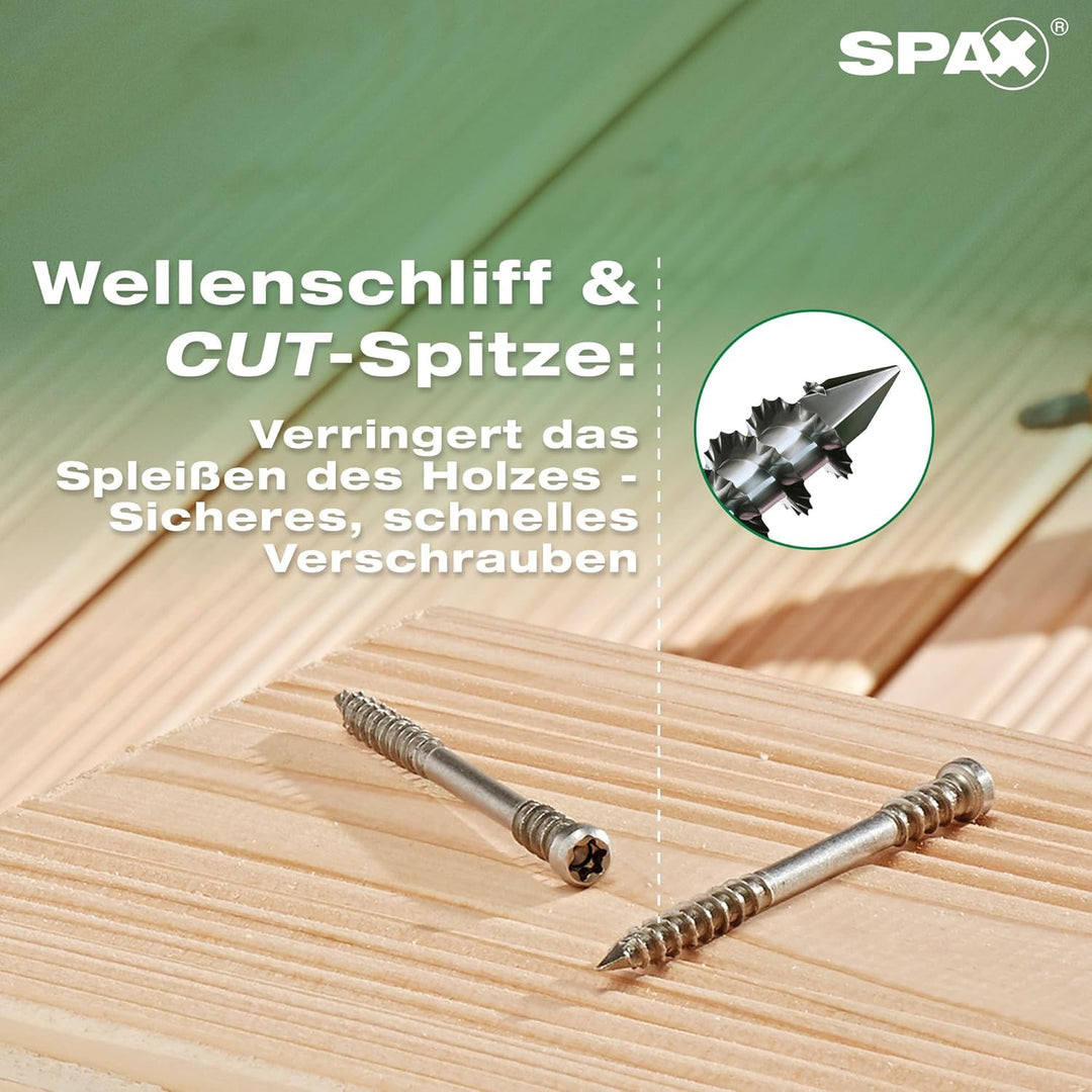 SPAX Terrassenschraube, 5 x 60 mm, 180 Stück, Fixiergewinde, Zylinderkopf, T-STAR plus T25, CUT, Ede