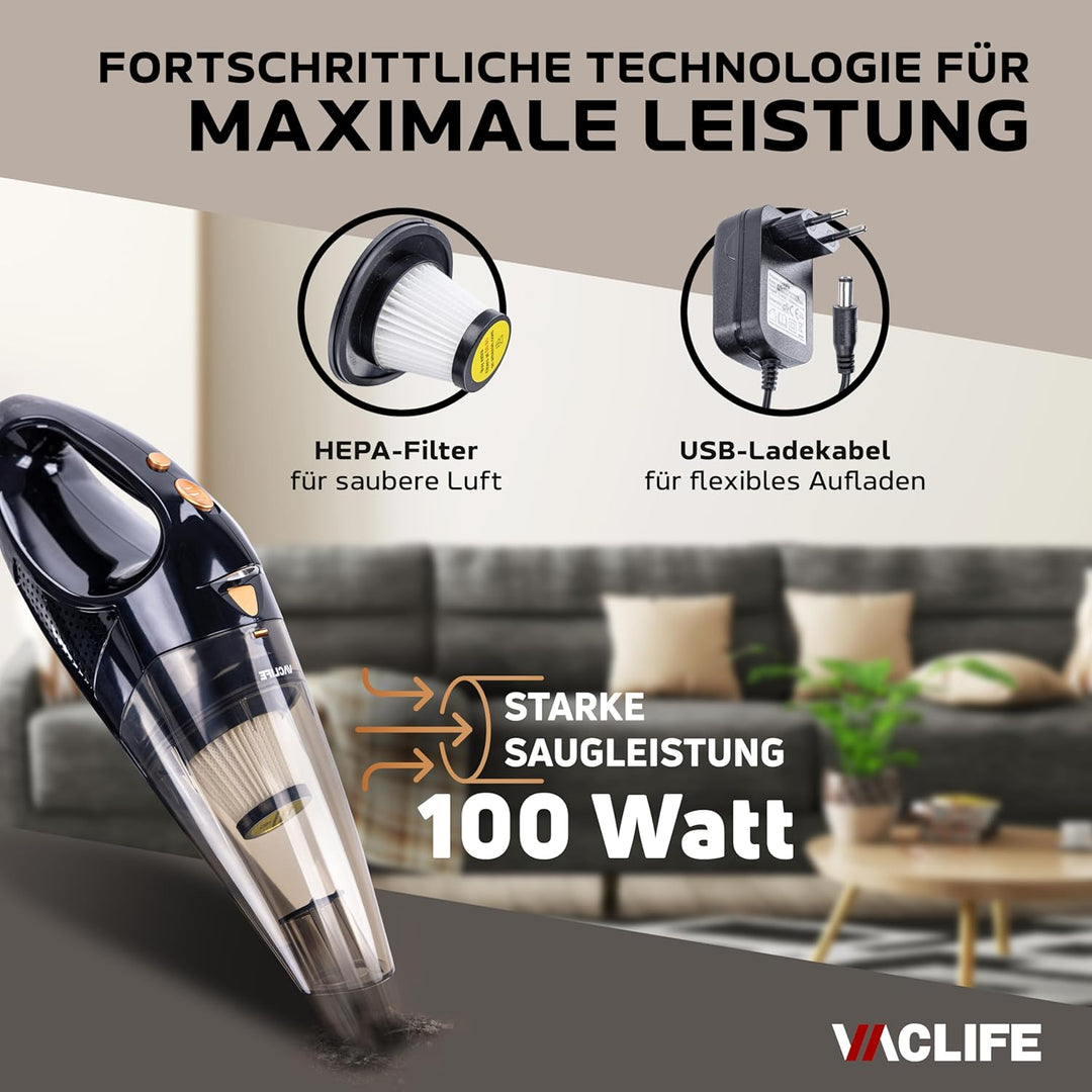 100W Kabelloser Akku-Handstaubsauger, Beutellos mit HEPA-Filter, LED-Licht, Zwei Aufsätzen, Leicht &