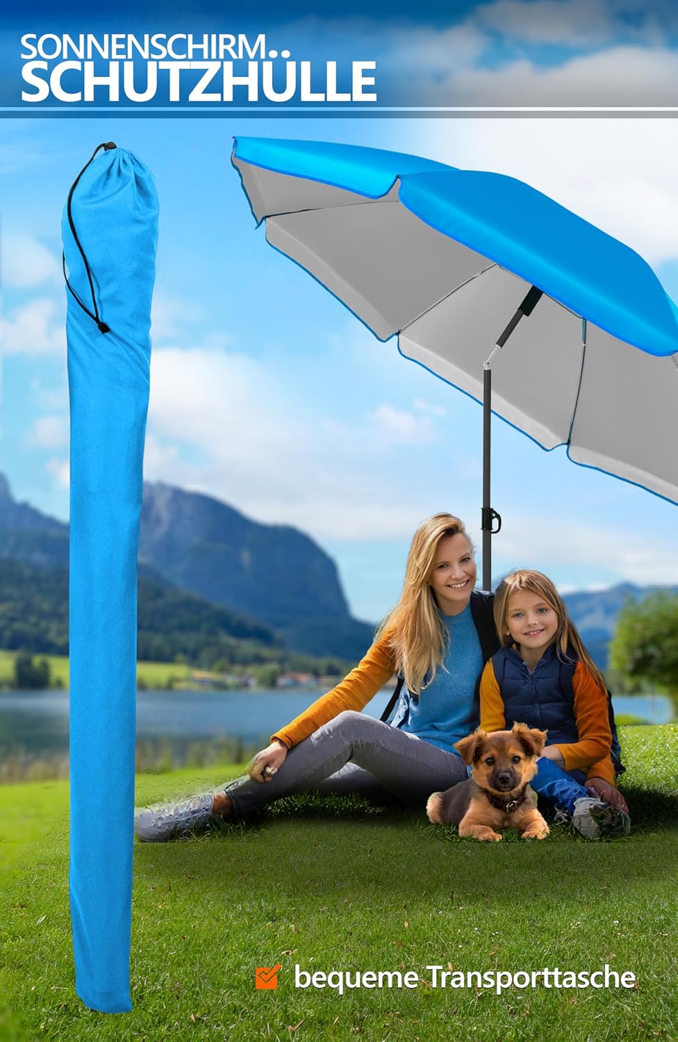 4smile Sonnenschirm Strand SunnyJoy, 3-in-1 SET, Blau - UPF 50+ Strandschirm Ø 180 cm + Sonnenschirm