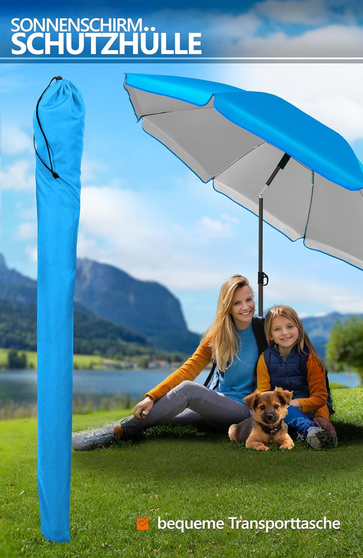 4smile Sonnenschirm Strand SunnyJoy, 3-in-1 SET, Blau - UPF 50+ Strandschirm Ø 180 cm + Sonnenschirm