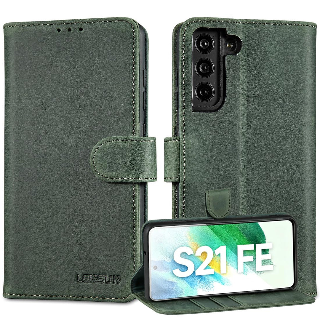 LENSUN Echtleder Hülle für Samsung Galaxy S21 FE, Handyhülle [Echtes Leder][Magnetverschluss][Karten