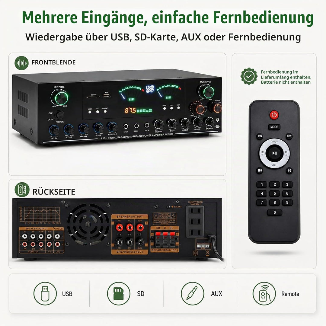 5.1-Channel HiFi Stereo Verstärker, 3000W Spitzenleistung Subwoofer Heimkino Verstärker mit Bluetoot
