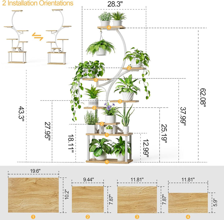 BACEKOLL Pflanzenständer mit Wachstumslicht - 8 Ebenen Blumenständer 157cm Metall Holz Pflanzenregal