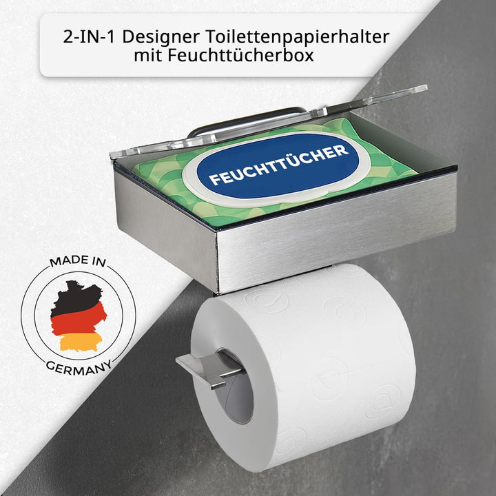 Toilettenpapierhalter mit Feuchttücherbox - Gehäuse Matt & Abdeckung Edelstahl - befüllbar von Links