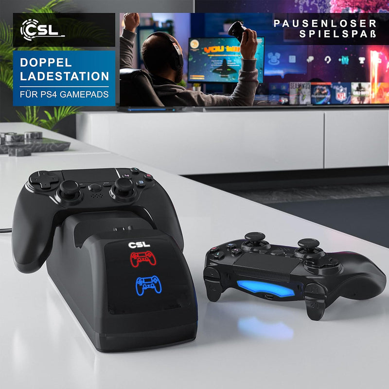 CSL - Ladestation für PS4 Gamepads – mit Mikro USB Ladekabel – PS4 Ladegerät - Doppeltes Schnelllade