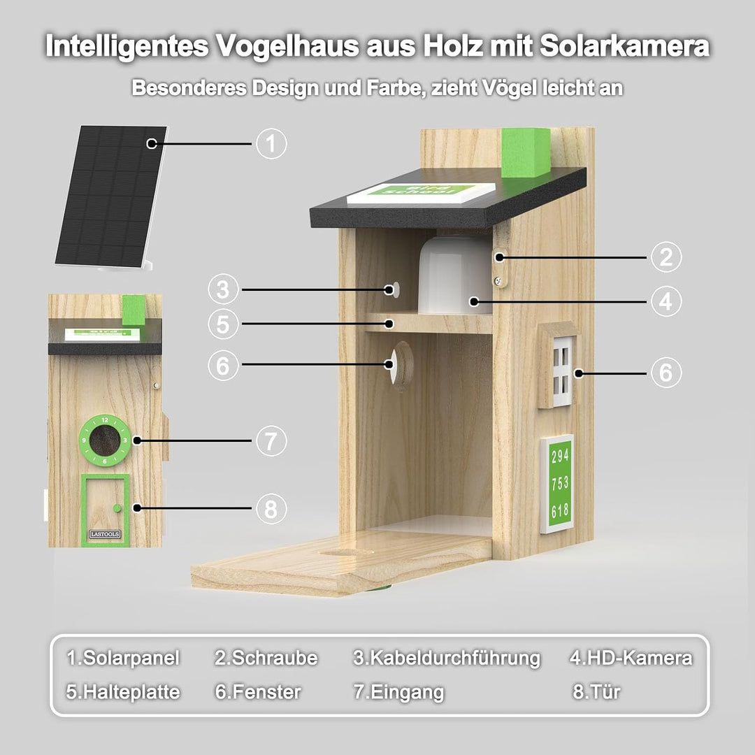 Vogelhaus mit Kamera und Solar Panel - 2K HD Solar Kamera WLAN Outdoor mit Massivholz Nistkasten, Br