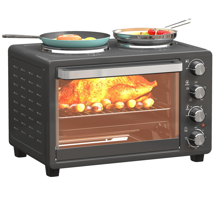 HOMCOM Minibackofen 28 L 2600W 100-230℃ Pizzaofen mit 60 Min. Timer, Grillrost 2 Kochplatten, Backbl