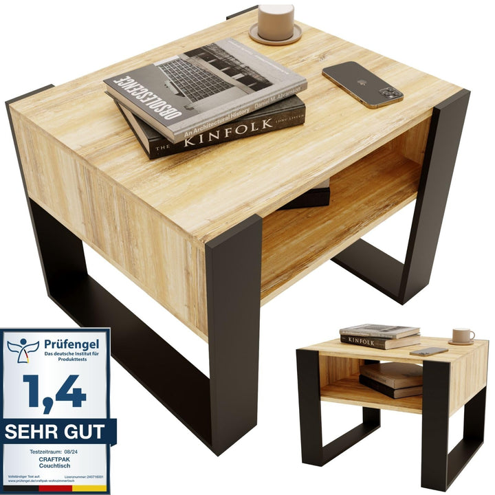 CraftPAK Wohnzimmer Tisch für Couch aus hochwertigem Holz, Stabiler & moderner Couchtisch mit zusätz