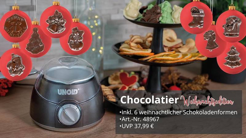 Unold 48967 Chocolatier Sparset Schokobrunnen Schokofondue Inkl. 12 Giessformen mit Weihnachtsmotive