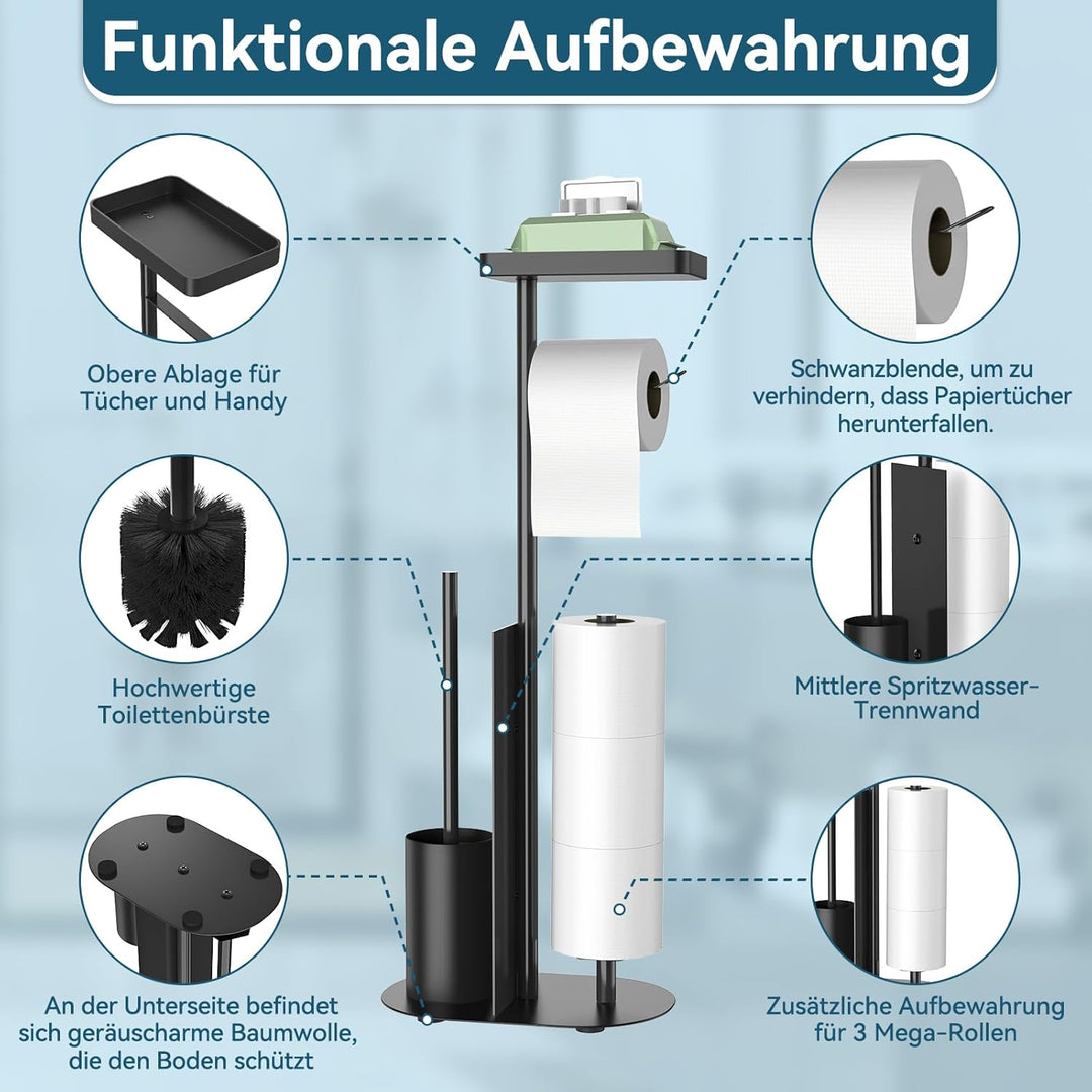 Edelstahl Klopapierhalter Stehend mit Klobürste - mit WC Bürste, Toilettenpapierhalter mit Feuchttüc