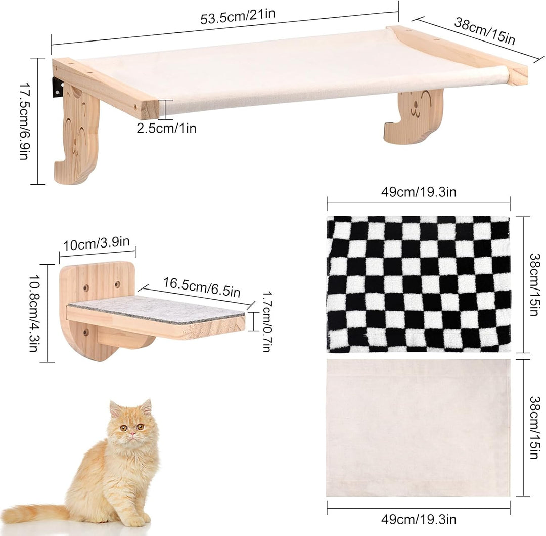 Katzenhängematte und Wandregal, Holzmöbel für Katzen, Schlaf- und Spielplattform