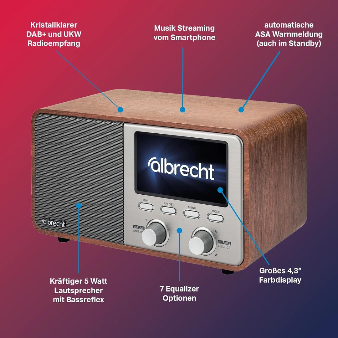 Albrecht DR760 DAB+ Digitalradio mit UKW, DAB+, Musik-Streaming, 4,3" Farbdisplay und ASA Warnmeldun