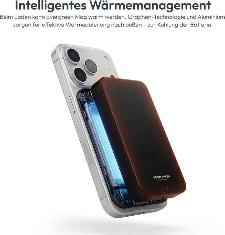 VONMÄHLEN Evergreen Mag 10.000 mAh Qi2-Powerbank – kabelloses Laden mit 15W, kompatibel mit MagSafe,
