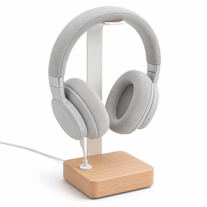 Headset Halterung aus Buchenholz – Kopfhörer Halterung mit schwerem Stahlblech &amp; Lederauflage – Kopf