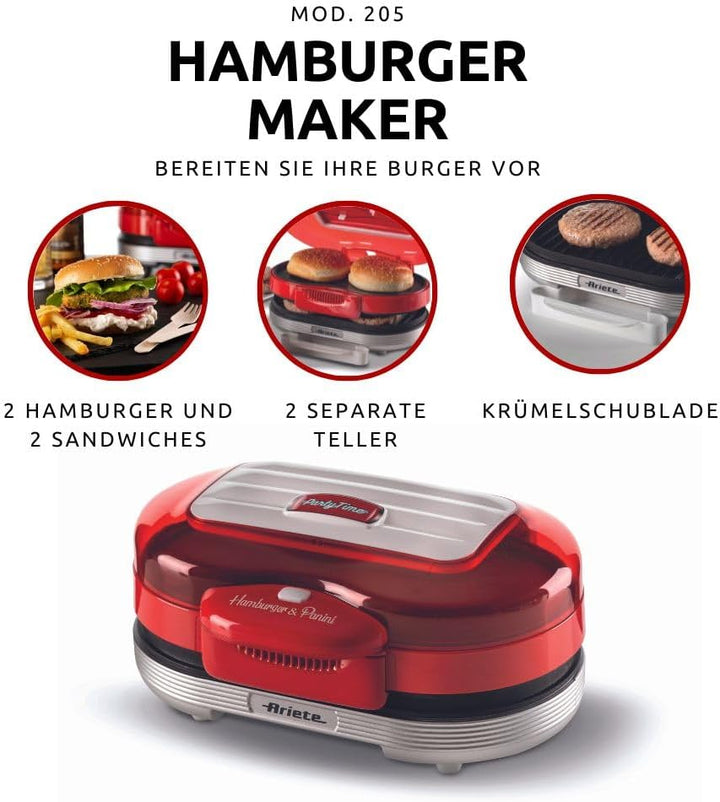 Ariete Hamburger Maker Party Time 205, Elektrischer Sandwichmaker, Elektrischer Grill mit Zwei Antih