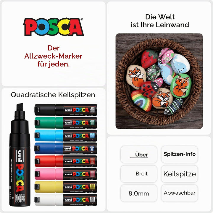 uni-ball 182608 - POSCA Marker mit breiter Keilspitze, 8er Set, Grundfarben 8er Set - Grundfarben, 8