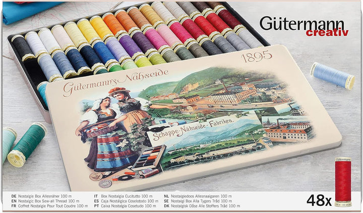 Gütermann creativ Nostalgie-Box mit 48 Spulen Allesnäher 100 m in verschiedenen Farben Mehrfabig 48
