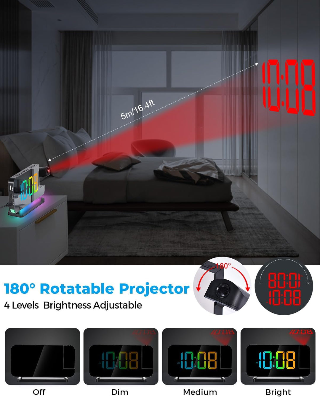 SZELAM Projektionswecker, 7.4 Zoll Digitale Spiegeluhren, mit 180° drehbarem Projektor, RGB-Nachtlic