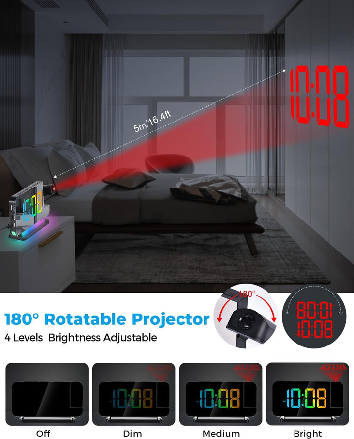 SZELAM Projektionswecker, 7.4 Zoll Digitale Spiegeluhren, mit 180° drehbarem Projektor, RGB-Nachtlic