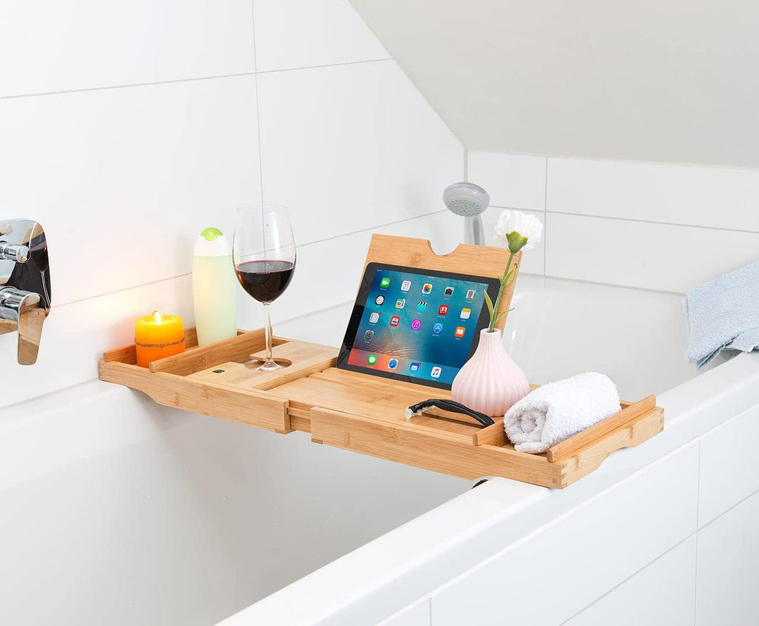 BadeStern Badewannenablage: Verstellbare Badewannen-Ablage & Bett-Tablett, Bambusholz, 75-109 cm (Ba