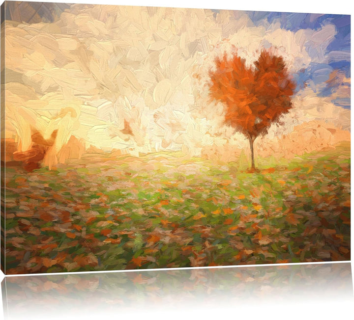 Pixxprint Herzbaum auf Wiese Pinsel Effekt, Format: 100x70 auf Leinwand, 100x70