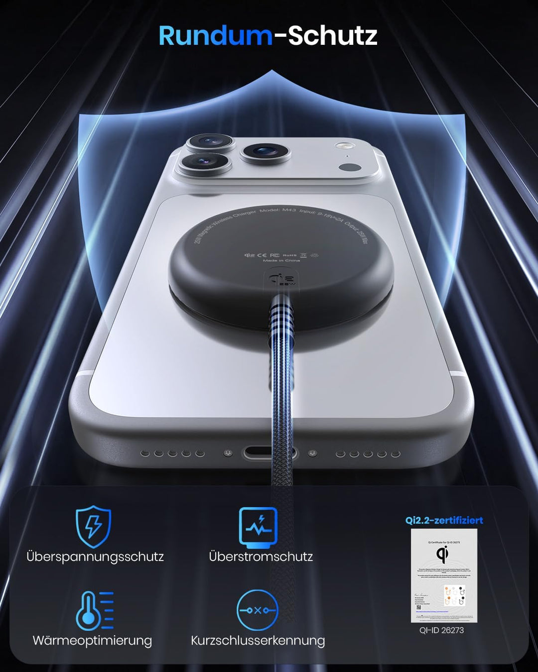 Qi2 25W Magnetisches kabelloses Ladegerät, 1,5 m Ladepad kompatibel mit Mag-Safe für iPhone 17e/Air/