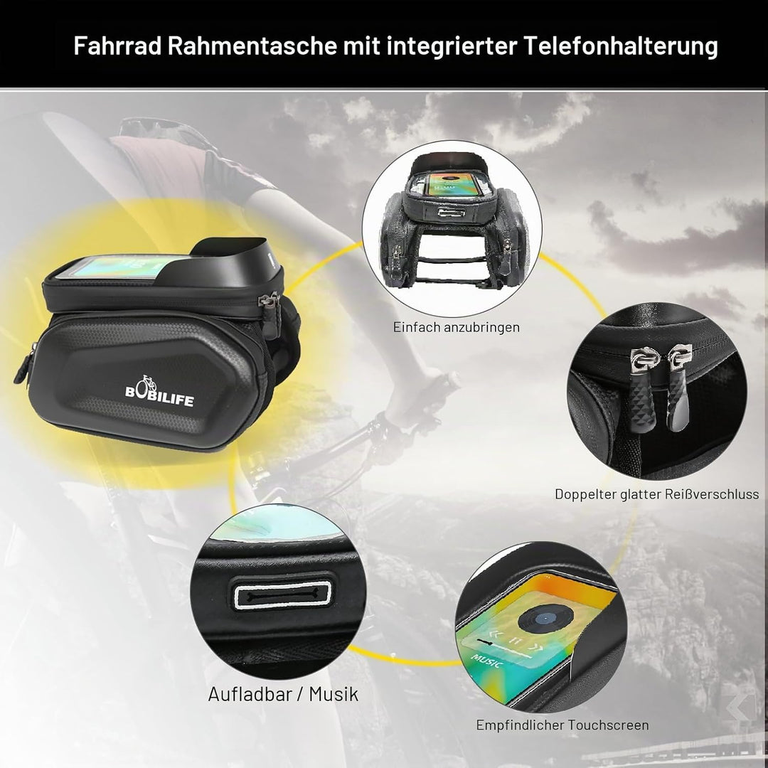Fahrradrahmentasche mit Handyhalterung, beidseitig, Doppeltasche, wasserdicht, für Fahrrad, Oberrohr