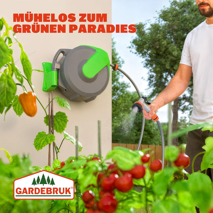 GARDEBRUK® Schlauchtrommel 20m + 2m mit Wandhalterung Garten 1/2' Multifunktions-Handbrause Schlauch