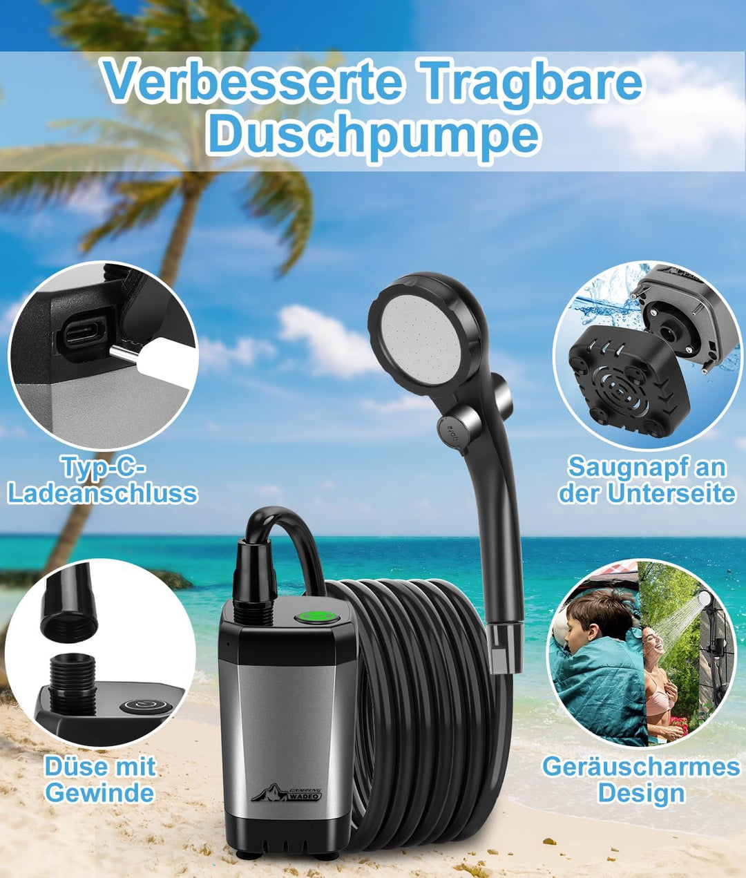WADEO Tragbare Campingdusche Akku mit Pumpe, Camping Dusche mit wiederaufladbarem Akku [6000-8000mAh