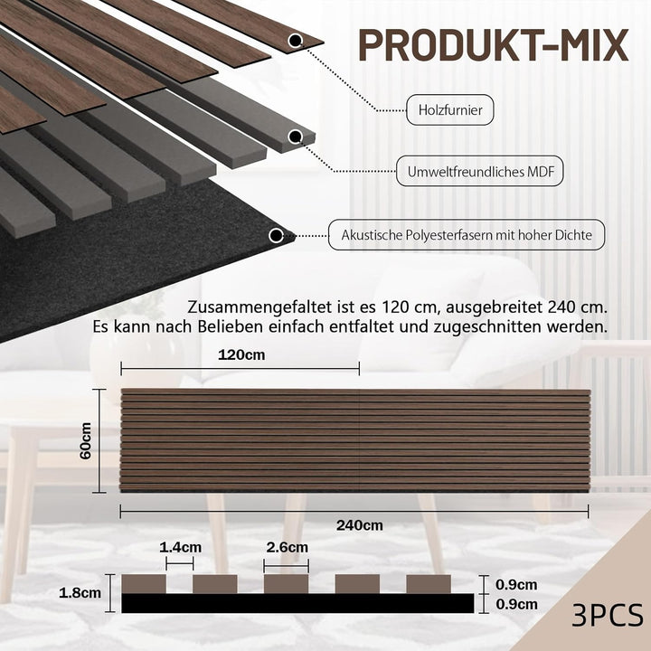 AKK-STAVE Akustikpaneele Holz 240x60 cm (3er-Set 4,32 m²) - Akustik Paneele & Holzpaneele Wand | Hol