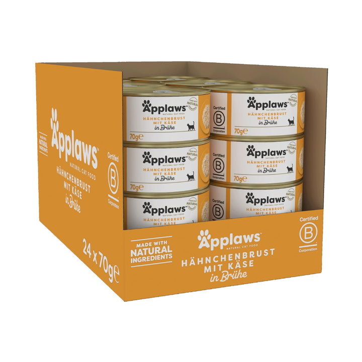 Applaws Premium Natural Katzenfutter Nass, Huhn mit Käse in Brühe 70g Dose (24x70g) Hähnchenbrust mi