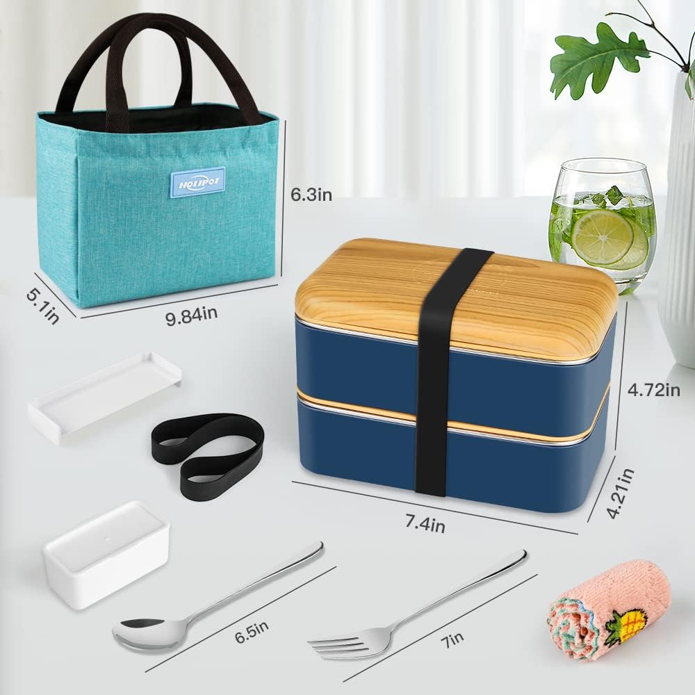 Bento Box, Lunchbox Brotdose mit Fächern 2 Ebenen mit 2 Stück Umweltfreundlichen PP &amp; Edelstahlbehäl