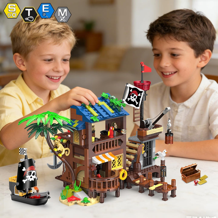 HOGOKIDS Piratenhafen Bauset mit LED, 3 Darstellungsmodi Piratenschiff-Haus-Bauspielzeug, kreatives