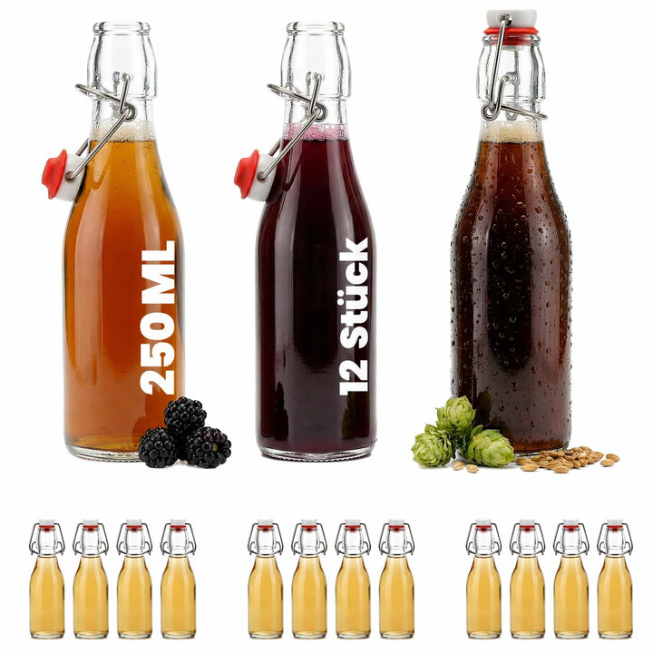 12 Stück 250 ml Bügelflaschen Bügelflasche Glasflasche mit Bügelverschluss Drahtbügel Flasche Bügelv