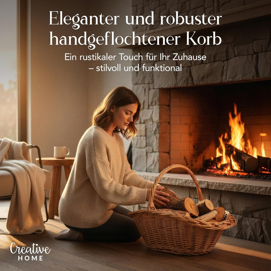 Creative Home Gross Holztrage Rattan Kaminholzkorb Kaminkorb Tragekorb | 60 x 40 x 39 cm | Aufbewahr