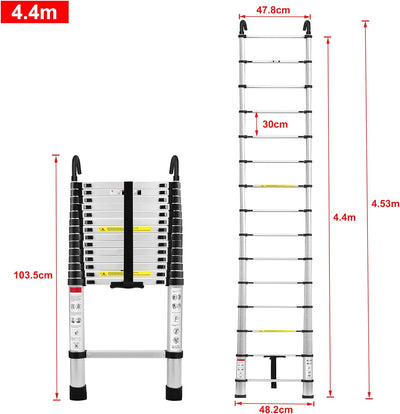 TRMLBE Teleskopleiter mit 2 Abnehmbarem Haken 4,4m Ausziehleiter Leiter Ausziehbar Aluminium Anti-Ru