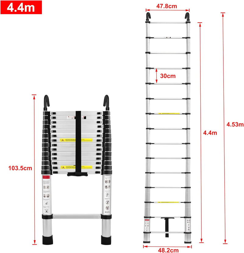 TRMLBE Teleskopleiter mit 2 Abnehmbarem Haken 4,4m Ausziehleiter Leiter Ausziehbar Aluminium Anti-Ru