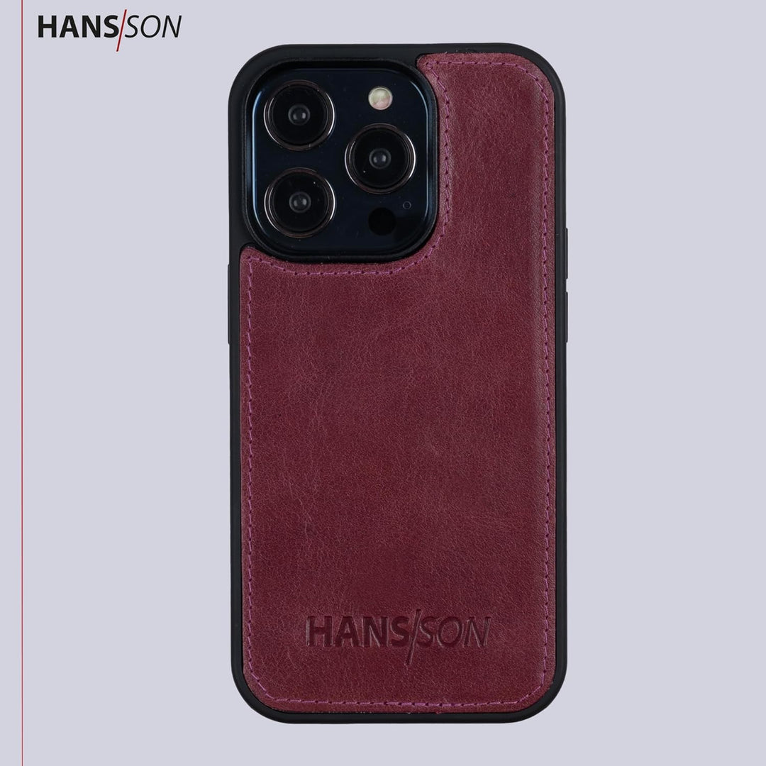 HANS/SON Klappbare Echtlederhülle in Magenta | iPhone 14 Pro Max Ledercase mit Kartenfächern | Leder