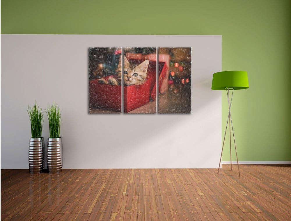 Pixxprint süsses Kätzchen in der Box Kunst Buntstift Effekt 3-Teiler Leinwandbild 120x80 Bild auf Le