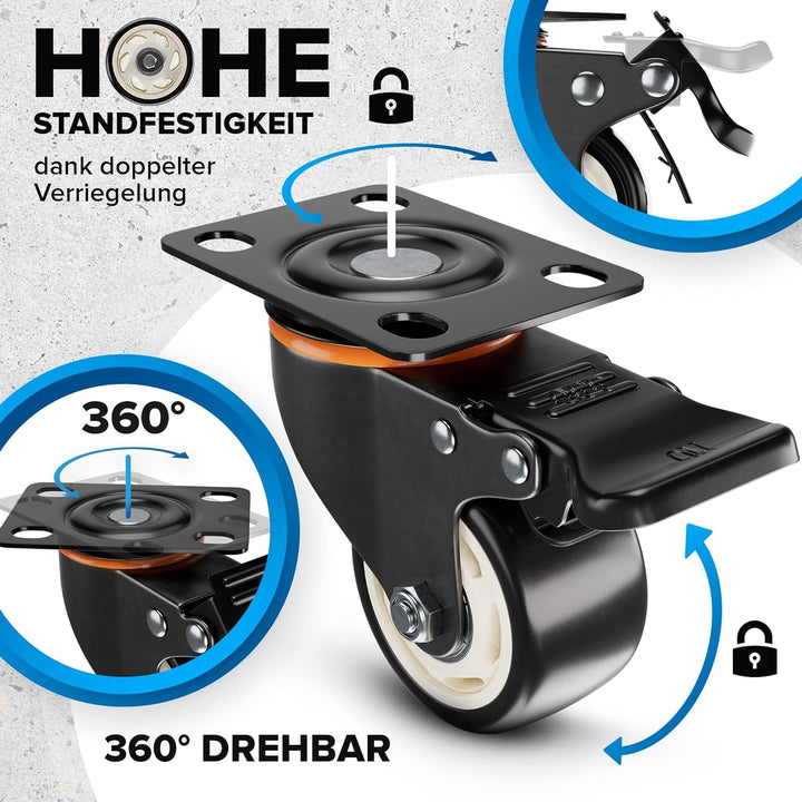 PEARWAY™ Premium Lenkrollen 75mm mit Bremse [4x gesamt 500kg] inkl. Montagezubehör I Robuste Transpo