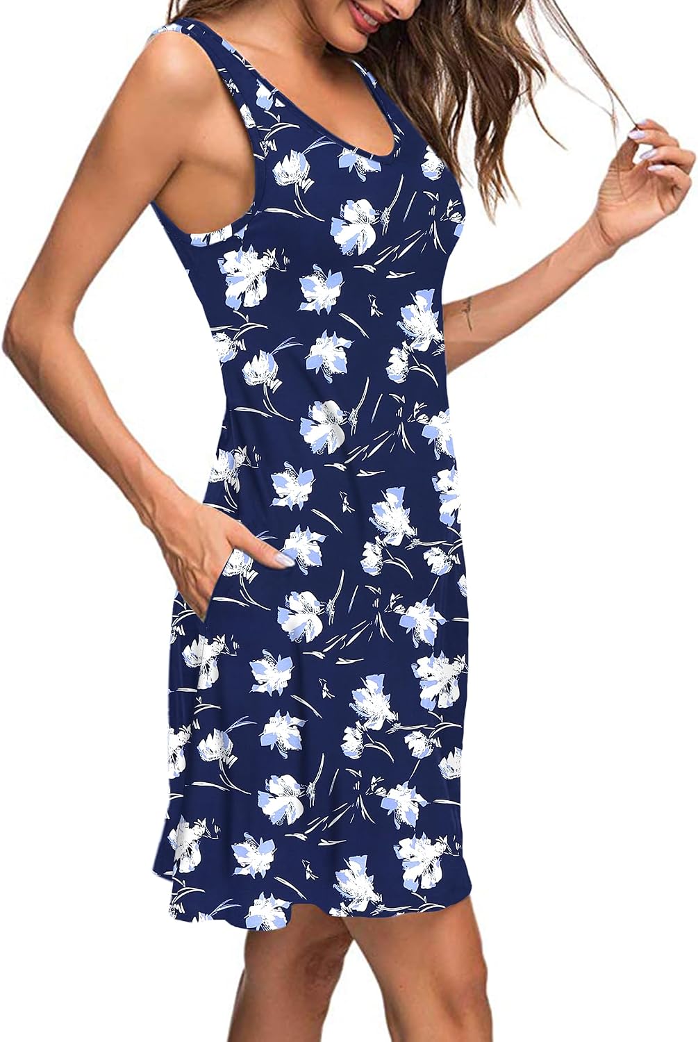 AUSELILY Sommerkleid Damen Ärmellose Strandkleid Leicht Swing Kleid V Ausschnitt Mini Kleid Blanco M