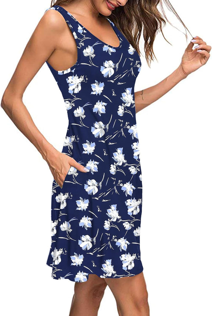 AUSELILY Sommerkleid Damen Ärmellose Strandkleid Leicht Swing Kleid V Ausschnitt Mini Kleid Blanco M