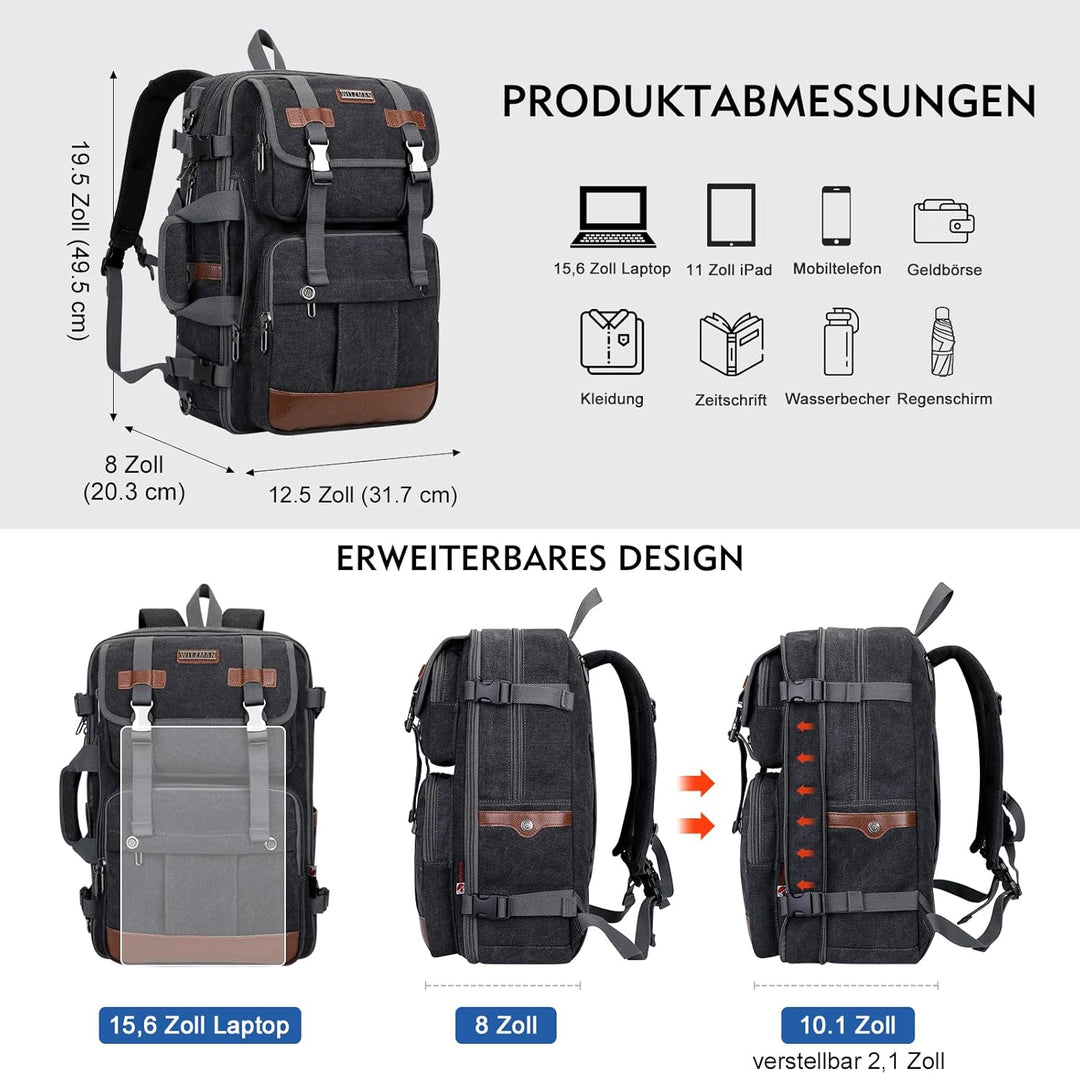 WITZMAN Reiserucksack Herren Canvas 40L Laptop Rucksack Fit 16 Zoll Vintage Rucksack für Herren Gesc