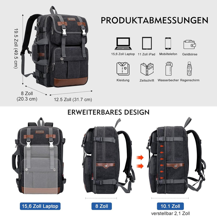 WITZMAN Reiserucksack Herren Canvas 40L Laptop Rucksack Fit 16 Zoll Vintage Rucksack für Herren Gesc