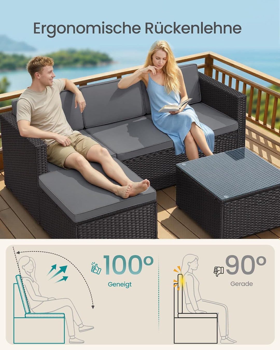 SONGMICS Gartenmöbel-Set, Balkonmöbel aus PE-Polyrattan, Terrassenmöbel, Ecksofa, Outdoor, handgeflo